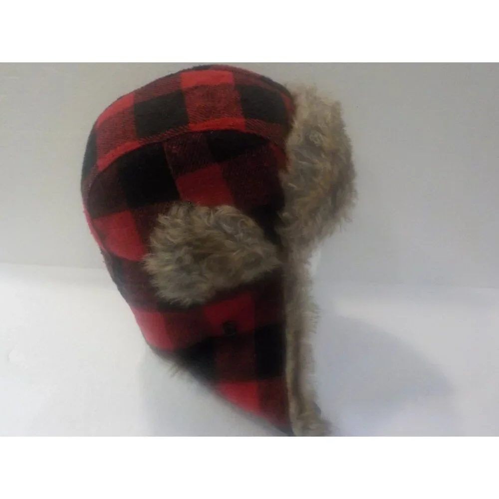 KB Ethos Lumberjack Aviator Trapper Warm Faux Fur Ear Flaps Hat Red/Black Plaid